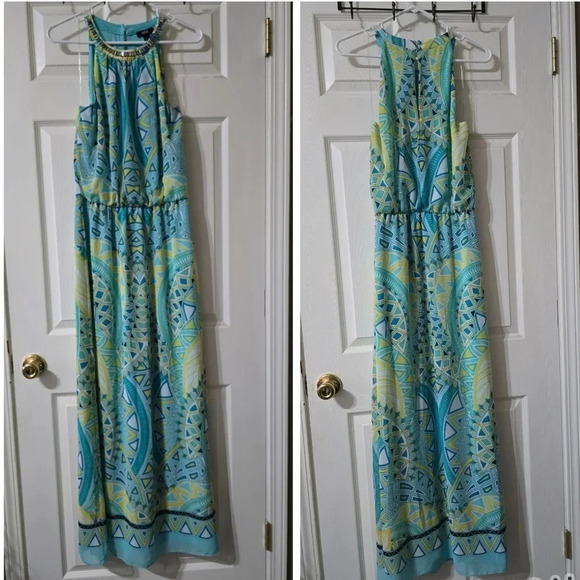 MSK Dresses & Skirts - MSK Geometric Print Maxi Dress, Jeweled Halter Neckline, Stretchy Waist, EUC!